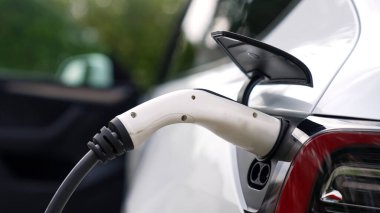 Doğal yeşil şehir parkındaki otoparkta EV elektrikli araba şarj pili. Sürdürülebilir ve çevre dostu seyahat için yenilenebilir otomobil için alternatif temiz enerji teknolojisi. Eşzamanlama