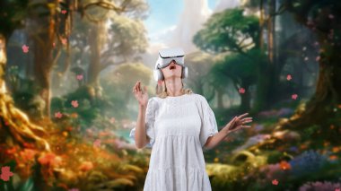 Exploring beautiful woman using VR transfer meta world gaming pink maple tree leaves wildflower falling in magical fantasy metaverse with new futuristic forest journey technology trip. Contraption. clipart