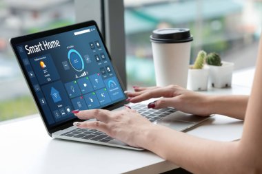 Smart home technology, centric remote control system with digital dashboard for air conditioning, safety security network or house automation. App software, ui panel programming IOT monitor snugly