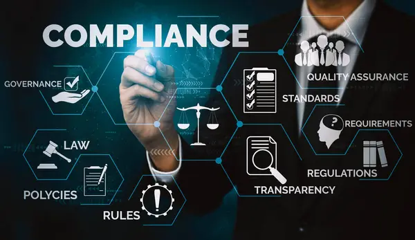 stock image Compliance rule law and regulation graphic interface for business quality policy planning to meet international standard. uds