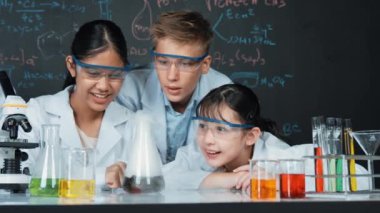 BTMM sınıfında kimya teorisi üzerine karatahta deney yaparken deney yapan bir kız. Karışık ırkları olan bir grup lise öğrencisi ve öğretmen birlikte bilimsel aktivite yapıyorlar. Öğretim