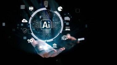 Yapay zeka mühendisliği, büyük veri ve yapay zeka makinesi kavramında yapay zeka beyin işlemcisiyle iş desteği için üretken yapay zeka kullanmayı öğrenen insan etkileşimi. Kullanıcı Kimliği