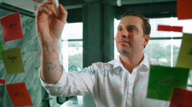 Yapışkan notlar üzerine pazarlama fikri yazan profesyonel erkek liderin portresi. Kafkasyalı işadamı cam duvarda renkli yapışkan notlar kullanırken pazarlama kampanyasını düşünüyor. Yönlendirici.