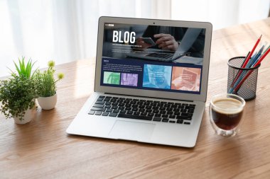 blogging concept, web blog Social Media Information network snugly. social media online content, freelance worker, working online, content creator, blogger, website, reading blog online on computer