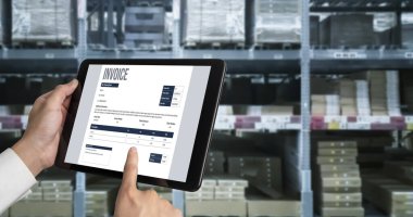 Muhasebe uygulamasından gelen fatura bilgisayar ekranında. Şirket işlerinin finans ve bütçesi için bilgisayar programı. Rahatça..