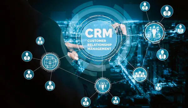 stock image CRM Customer Relationship Management for business sales marketing system concept presented in futuristic graphic interface of service application to support CRM database analysis. uds