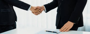 Yönetim kurulunda iki yönetici el sıkışıyor, iki şirketi birbirine bağlıyor. El sıkışmak iş ortaklığını ve işbirliğini simgeler. Şirket kazancı ve birleşme konsepti. Kurnaz.