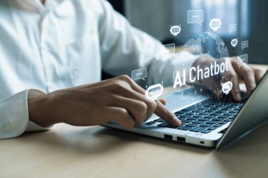 Yapay zeka sanal asistanı Chatbot ile yapay zeka konsepti ile insan etkileşimi, yapay zeka mühendisliği, LLM yapay zeka derin öğrenimi iş desteği için üretken yapay zeka kullanımı. FaaS