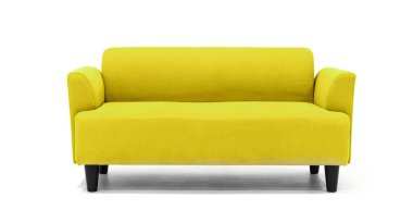 Beyaz arka planda sarı İskandinav tarzı çağdaş kanepe modern ve şık oturma odası için minimal mobilya tasarımı. uds