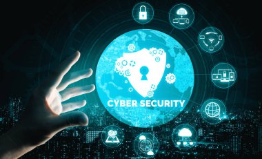 Siber Güvenlik ve Dijital Veri Koruma Konsepti. Simge arayüzü çevrimiçi veri erişim savunması için güvenli güvenlik duvarı teknolojisi gösteriyor. Hackerlara, virüse ve güvensiz bilgilere karşı. uds