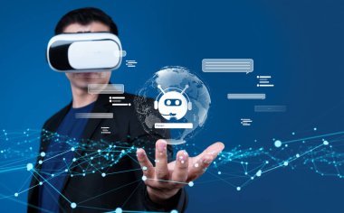 Yapay zeka sanal asistanı Chatbot ile yapay zeka konsepti ile insan etkileşimi, yapay zeka mühendisliği, LLM yapay zeka derin öğrenimi iş desteği için üretken yapay zeka kullanımı. FaaS