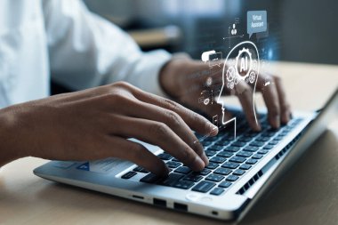 Yapay zeka sanal asistanı Chatbot ile yapay zeka konsepti ile insan etkileşimi, yapay zeka mühendisliği, LLM yapay zeka derin öğrenimi iş desteği için üretken yapay zeka kullanımı. FaaS