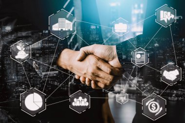 Finans ve Para İşlem Teknolojisi Konsepti. Modern bilgisayar uygulamasında fintech ticaret alışverişini, kar istatistik analizini ve pazar analisti hizmetini gösteren simge grafik arayüzü.