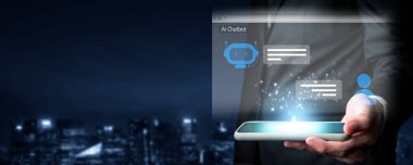 Yapay zeka sanal asistanı Chatbot ile yapay zeka konsepti ile insan etkileşimi, yapay zeka mühendisliği, LLM yapay zeka derin öğrenimi iş desteği için üretken yapay zeka kullanımı. FaaS