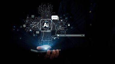 Yapay zeka mühendisliği, büyük veri ve yapay zeka makinesi kavramında yapay zeka beyin işlemcisiyle iş desteği için üretken yapay zeka kullanmayı öğrenen insan etkileşimi. Kullanıcı Kimliği