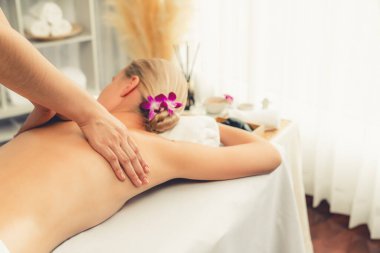 Kafkasyalı kadın müşteri stres önleyici spa masajının keyfini çıkarıyor ve lüks otel ya da oteldeki gündüz açık ortam güzellik salonunda güzellik teniyle eğleniyor. Sessiz.