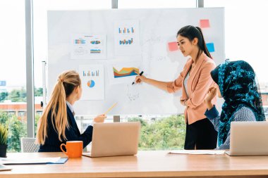 Çok kültürlü çalışma grubu. Farklı etnik kökenden iş kadınları, Kafkasyalı, Asyalı ve Araplardan oluşan bir ekip ofiste dizüstü bilgisayarla birlikte çalışıyor. Çok ırklı takım çalışması konsepti. uds