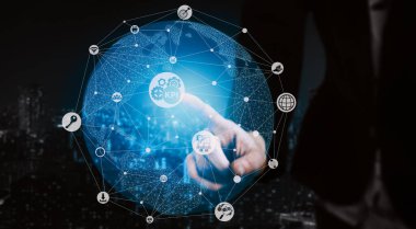 KPI İş Konsepti Performans Göstergesi - KPI yönetiminin pazarlanması için iş hedefi değerlendirmesinin sembollerini ve analitik numaralarını gösteren modern grafik arayüzü.