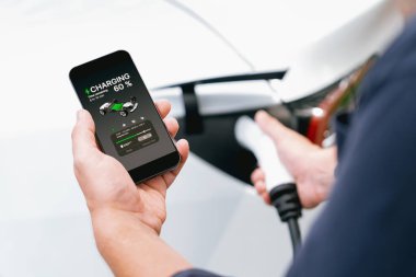 Ulusal Park veya Yaz Ormanı 'ndaki tatil gezisi sırasında EV şarj istasyonundan elektrik aküsü almak için akıllı telefon internet bankacılık uygulaması kullanan bir adam. Yükselt