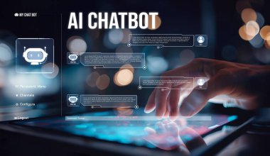 Yapay zeka sanal asistanı Chatbot ile yapay zeka konsepti ile insan etkileşimi, yapay zeka mühendisliği, LLM yapay zeka derin öğrenimi iş desteği için üretken yapay zeka kullanımı. EIDE