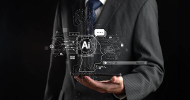 Yapay zeka sanal asistanı Chatbot ile yapay zeka konsepti ile insan etkileşimi, yapay zeka mühendisliği, LLM yapay zeka derin öğrenimi iş desteği için üretken yapay zeka kullanımı. FaaS