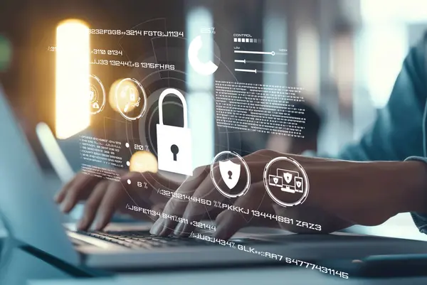 stock image Business person explore the core of cyber security. Delve into cyber protection methods, cyber threats, and bolster cyber security stance. Essential for navigating the cyber security age EIDE