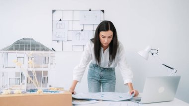 Genç, güzel beyaz bir mimar masanın üzerine plan koyar ve ev modeliyle karşılaştırırken, modern ofisteki fahişe modellerini dikkatlice incelerken arkadaki çizgilerle karşılaştırır. Tertemiz..