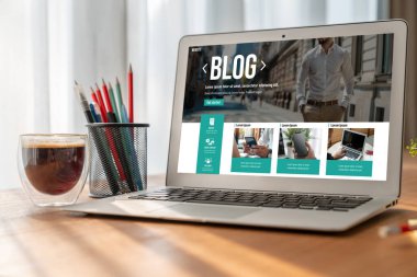 blogging concept, web blog Social Media Information network snugly. social media online content, freelance worker, working online, content creator, blogger, website, reading blog online on computer