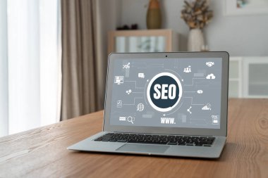 Model e-ticaret için SEO arama motoru optimizasyonu ve bilgisayar ekranında gösterilen çevrimiçi perakende işi
