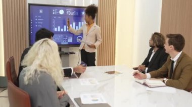 Ofisteki sunum ya da analist ekibiyle süs toplantı odasında mali verileri analiz etmek için BI Fintech 'i kullanın. İş adamları stratejik planlama için TV ekranında BI gösterge panelini analiz ediyor