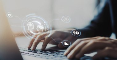 Yapay zeka mühendisliği, büyük veri ve yapay zeka makinesi kavramında yapay zeka beyin işlemcisiyle iş desteği için üretken yapay zeka kullanmayı öğrenen insan etkileşimi. EIDE