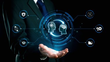 Yapay zeka mühendisliği, büyük veri ve yapay zeka makinesi kavramında yapay zeka beyin işlemcisiyle iş desteği için üretken yapay zeka kullanmayı öğrenen insan etkileşimi. Kullanıcı Kimliği