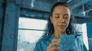 Genç İspanyol çalışanlar renkli yapışkan notlar yazıyorlar. Akıllı iş kadını pazarlama fikrini, beyin fırtınası stratejisini, iş planını paylaşıyor. Proje yöneticisi zihin haritası çiziyor. - Yakın çekim. Yönlendirici.