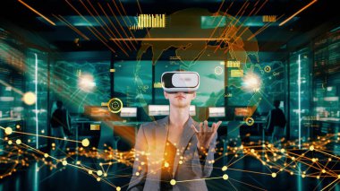 İş kadını, VR tarafından finansman veri dinamik stok dünyası monitörü sunucu kontrol merkezinde geleceğin küresel yenilik arayüzü dijital ağ teknolojisi sanal hologramı. Kısıtlanma.