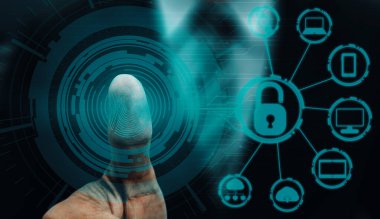 Parmak izi Biyometrik Tarama Teknolojisi. Arayüz parmak izi taramasını gösteriyor. Parmak izi tarayıcısıyla dijital güvenlik ve özel veri erişimi kavramı. uds