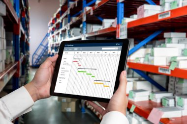 Ekip projesinin zaman çizelgesini gösteren bilgisayar ekranında, modern iş projesi yönetimi için proje planlama yazılımı