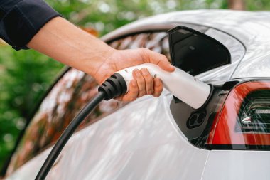 Sonbahar gezisi sırasında sonbahar ormanı arabasında elektrikli araba için şarj eden bir adam. Sonbahar tatilinde elektrikli araçla çevre dostu bir seyahat. Yükselt