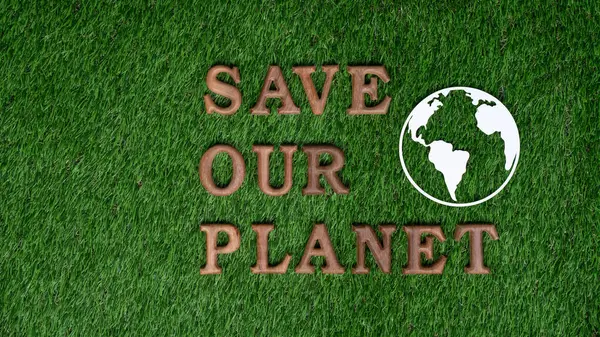 stock image Eco awareness campaign for Earth day concept showcase message arranged in Save Earth on biophilic green background. Environmental social governance concept idea for sustainable and greener future.Gyre