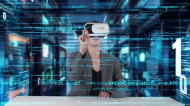 VR yenilik arayüzü dijital ağ teknolojisi görsel hologram sunucusu tarafından akıllı web sitesi geliştirme kodlayıcı veri seçimini analiz etmek için bilgisayar kodu yazan IT geliştiricisi. Kısıtlanma.