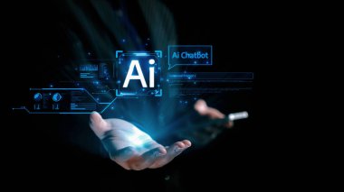 Yapay zeka sanal asistanı Chatbot ile yapay zeka konsepti ile insan etkileşimi, yapay zeka mühendisliği, LLM yapay zeka derin öğrenimi iş desteği için üretken yapay zeka kullanımı. Kullanıcı Kimliği