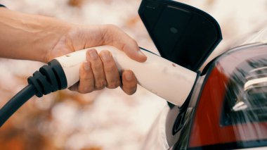 Temiz ve sürdürülebilir enerji kullanarak şarj istasyonundan şarj olmak için EV şarj cihazını EV vagonuna takın. Doğal koruma ve çevre dostu araba yolculuğu konsepti. Yükselt