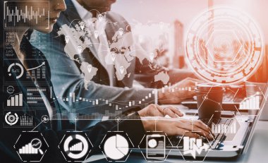 İş ve Finans Konsepti Veri Analizi. Dijital iş stratejisi için gelecekteki kar analitik bilgisayar teknolojisini, çevrimiçi pazarlama araştırma ve bilgi raporunu gösteren arayüz. uds