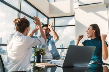 Bir grup mutlu iş adamı başarılı projelerini kutluyor. Profesyonel iş adamları modern ofisteki projeleriyle gurur duyuyorlar. Başarılı takım çalışması, mutlu iş arkadaşı, iş yeri. İzleme.