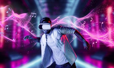 Sanal gerçeklik gözlüğü kullanarak müziğe yönelen beyaz bir adam. Günlük kıyafetleri olan enerjik bir insan dans etmekten hoşlanırken metaevrene ya da müzik notalarıyla çevrili taklit bir dünyaya girmekten zevk alır. Sapma.