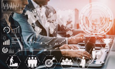 İş ve Finans Konsepti Veri Analizi. Dijital iş stratejisi için gelecekteki kar analitik bilgisayar teknolojisini, çevrimiçi pazarlama araştırma ve bilgi raporunu gösteren arayüz. uds