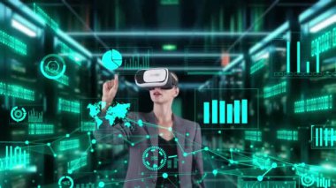 İş kadını, VR 'nin gelecekteki küresel yenilik arayüzü dijital bilgi ağı teknolojisi görsel hologram animasyonu tarafından dinamik pazar dağılımı grafik analiz monitörünü seçiyor. Kısıtlanma.