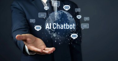 Yapay zeka sanal asistanı Chatbot ile yapay zeka konsepti ile insan etkileşimi, yapay zeka mühendisliği, LLM yapay zeka derin öğrenimi iş desteği için üretken yapay zeka kullanımı. FaaS