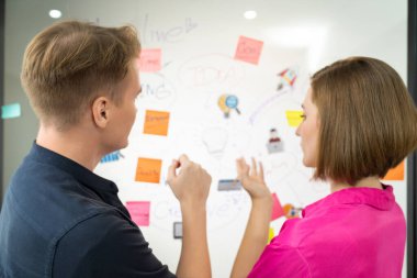 Zihin haritası ve renkli yapışkan notlar kullanarak pazarlama stratejisi hakkında yaratıcı Kafkas iş ekibi beyin fırtınası yapıyor. Yaratıcı iş tartışması ve takım çalışması konsepti. Arkadan bak. - Yakın çekim. Tertemiz..