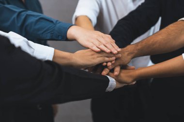 Çeşitli ofis çalışanlarından oluşan bir grup, ofis odasında el ele vererek iş sinerjisini ve iş yerindeki güçlü verimli takım çalışmasını sembolize ediyor. İş çalışanları arasındaki işbirliği ve birlik. Tedbirli