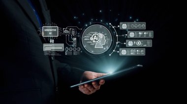 Yapay zeka mühendisliği, büyük veri ve yapay zeka makinesi kavramında yapay zeka beyin işlemcisiyle iş desteği için üretken yapay zeka kullanmayı öğrenen insan etkileşimi. Kullanıcı Kimliği